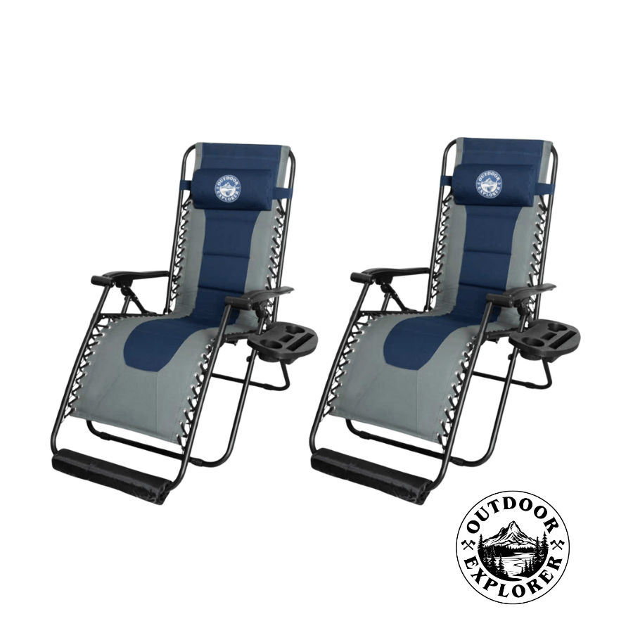Outdoor Explorer Atlas 160kg Padded Zero Gravity Recliner Chair – Cushion, Footrest & Large Side Tray – 65 cm Wide (Set of 2)