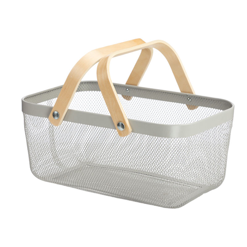 Metal Mesh Rectangular Wooden Handle Storage Basket Storage Organizer - 40cm - Grey