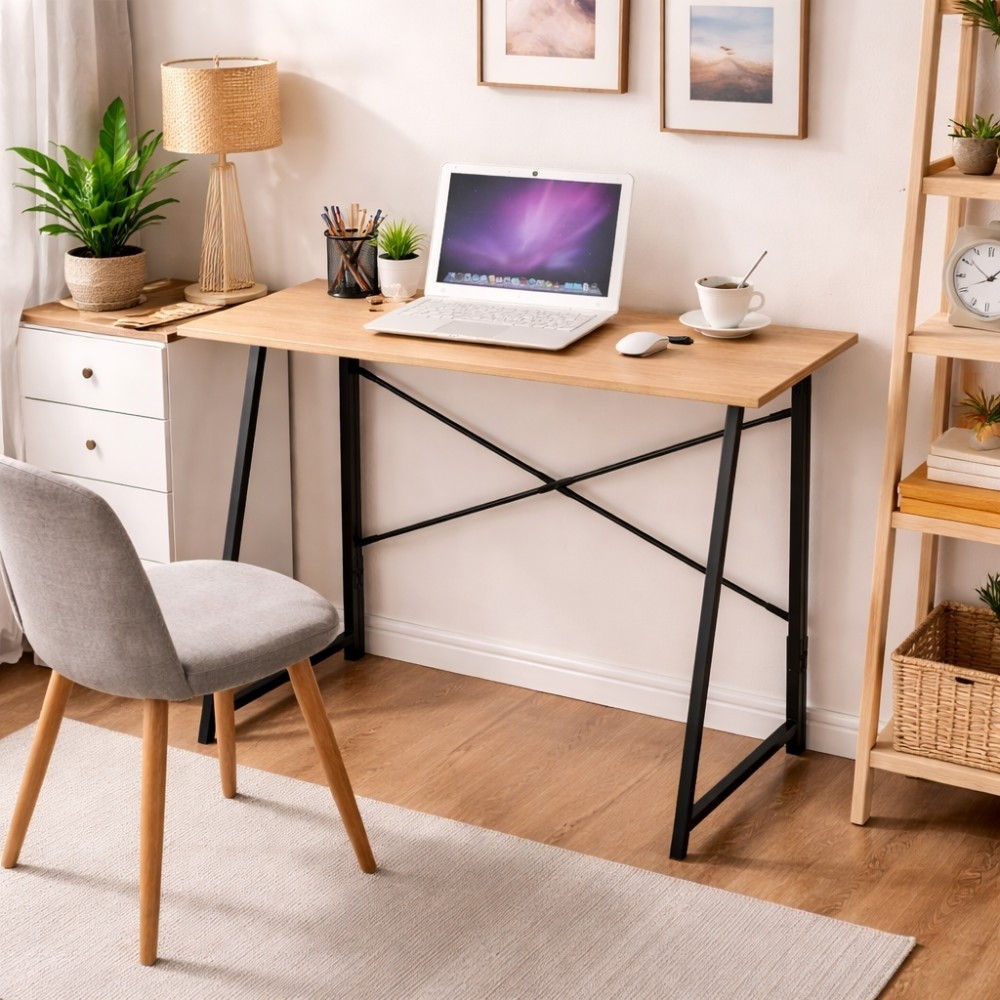 Bragg Essential Foldable Student Office Work Desk, Oak & Black