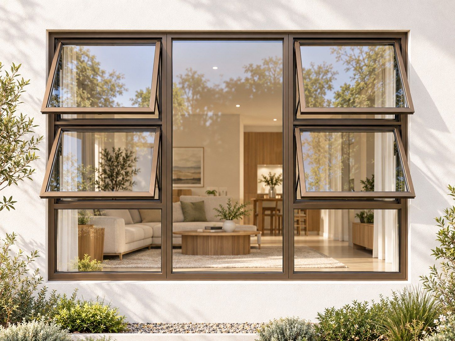 Kenzo Premium Top-Hung Aluminium Window - Bronze, 2100 1800 mm, Four Openers with Fixed Centre and Lower Panes, Clear Glass