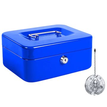 Large Metal Lock Cash Box, 2 Keys with Foldable Keyring Knife Blue