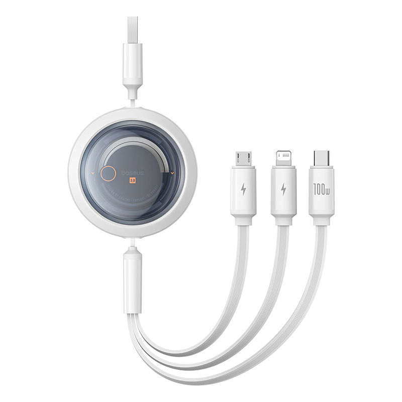 Baseus Free2Draw Retractable Crystal Cable USB to M+L+C 100W 1.1m - Moon White