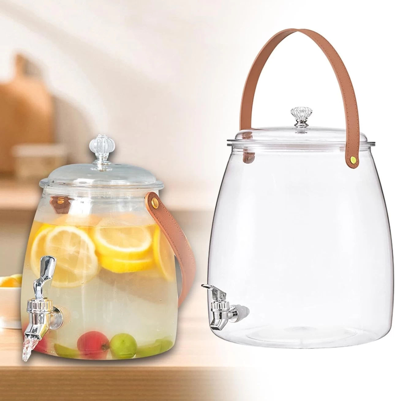 Beverage Plastic Dispenser with Tap, Lid & Leather Handle 5.5L
