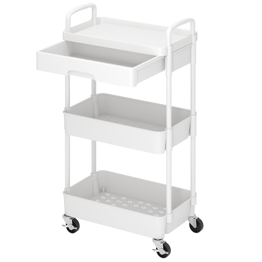 3-Tier Utility Cart With Drawer -white