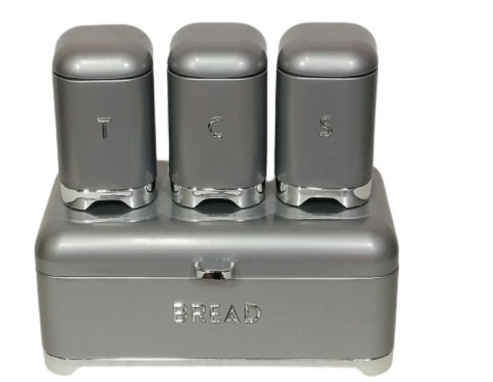 Bread Bin with 3 Piece Matching Canister Set- Silver