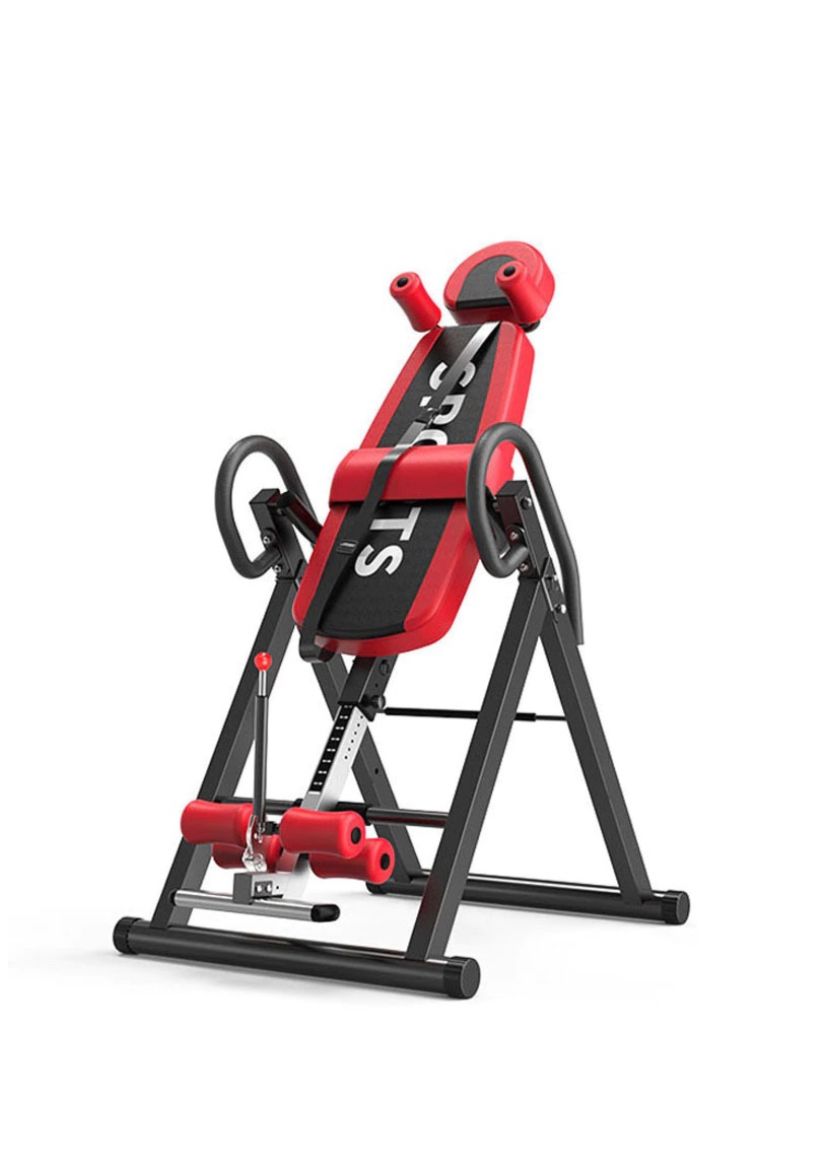 Heavy-Duty Inversion Table, Foldable Back Therapy Equipment, Red and Black, 180-Degree Rotation