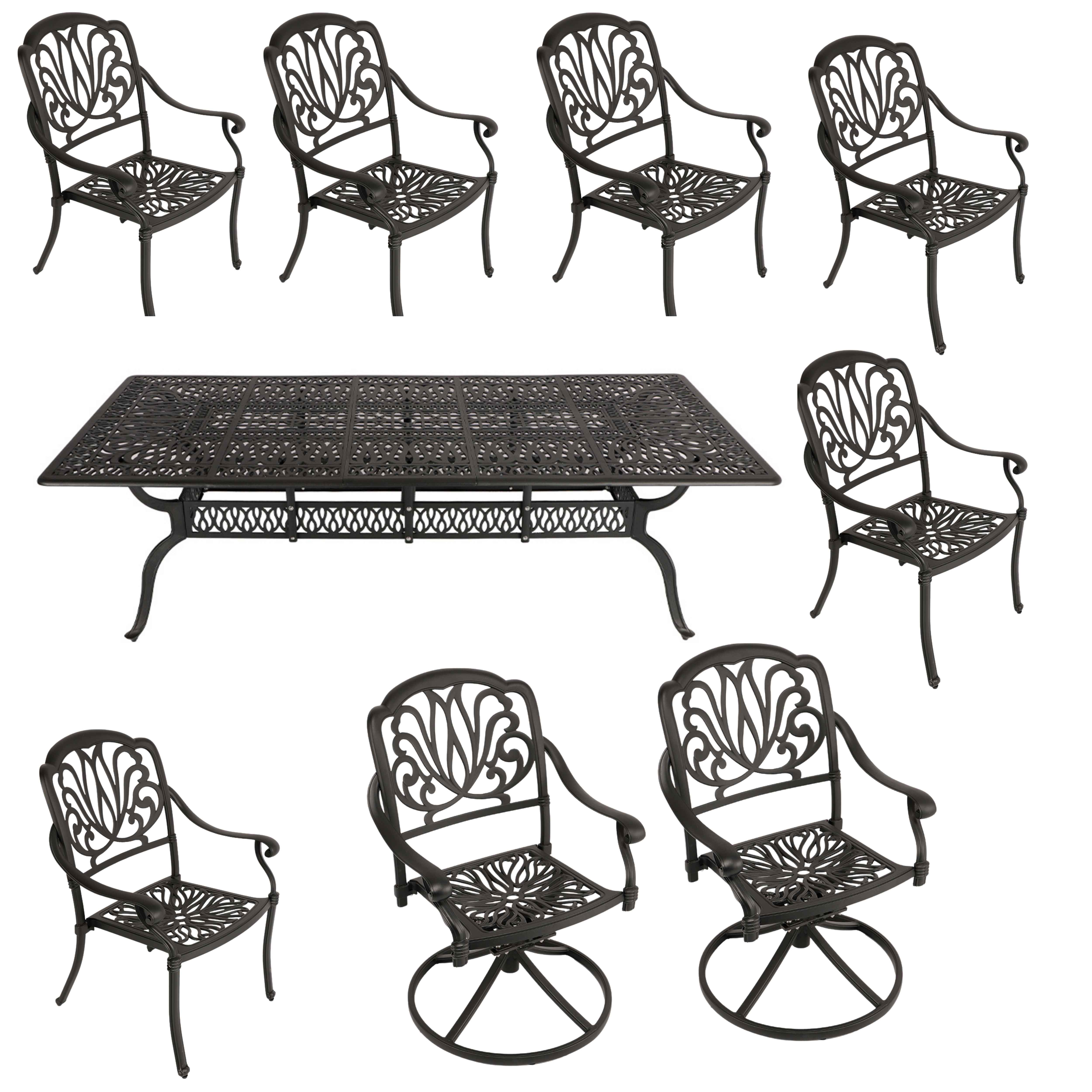 8 Seater - Protea Aluminium Patio Set / Garden Furniture / Outdoor Dining Set    (2 Protea Swivel Chairs & 6 Protea Chairs with 240cm x 110cm Rectangular Elizabeth Table) - BLACK