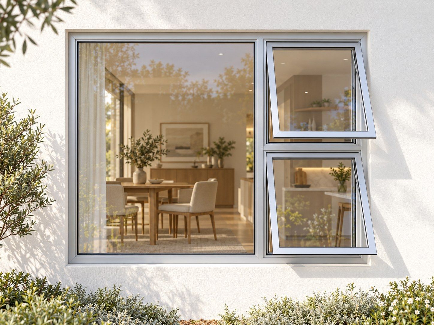 Kenzo Premium Top-Hung Aluminium Window - Silver, 2100 1200 mm, Right Two Openers with Fixed Side Pane, Clear Glass