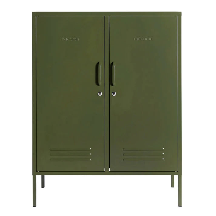 Steel Swing Door Sideboard Midi Storage Cabinet With Lock - Olive Green