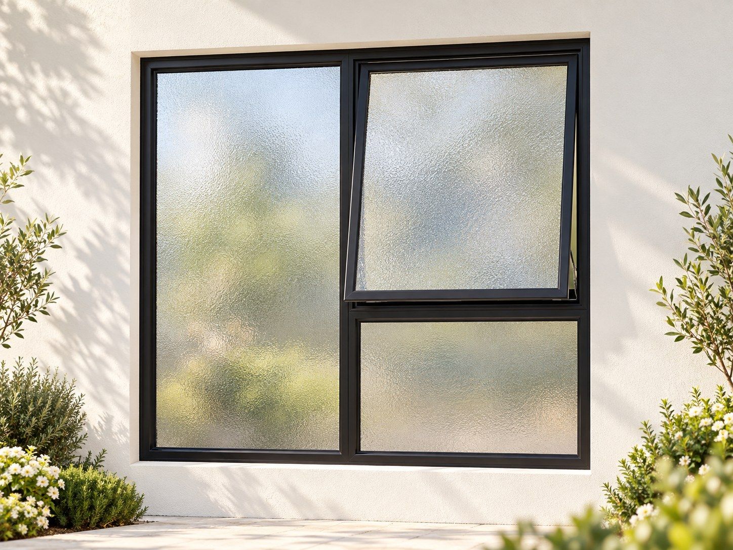 Kenzo Premium Top-Hung Aluminium Window - Black, 1200 900 mm, Right Upper Opener with Fixed Lower and Side Panes, Obscure Safety Glass