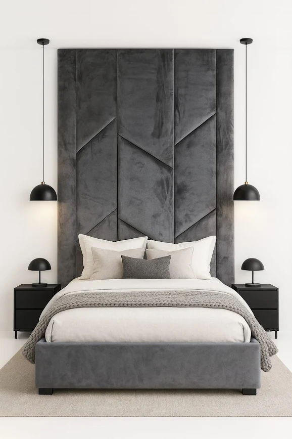 Geo-Luxe Oversized Geometric Panel Velvet Headboard and Platform Base King - 183cm Base & 280cm Headboard