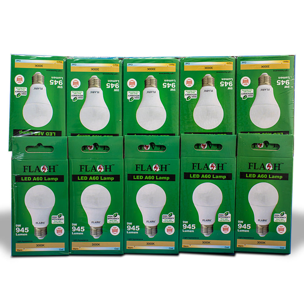 FLASH LED High Efficiency All Purpose Light Bulb 9W A60 Lamp E27 (10 pack) 3000K