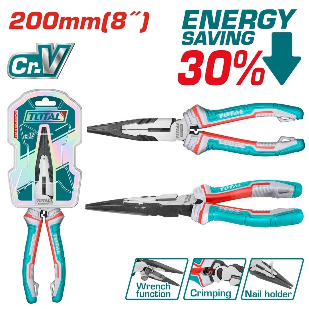 Total High Leverage Long Nose Pliers Cr-V 8"/200Mm- 3 Pack