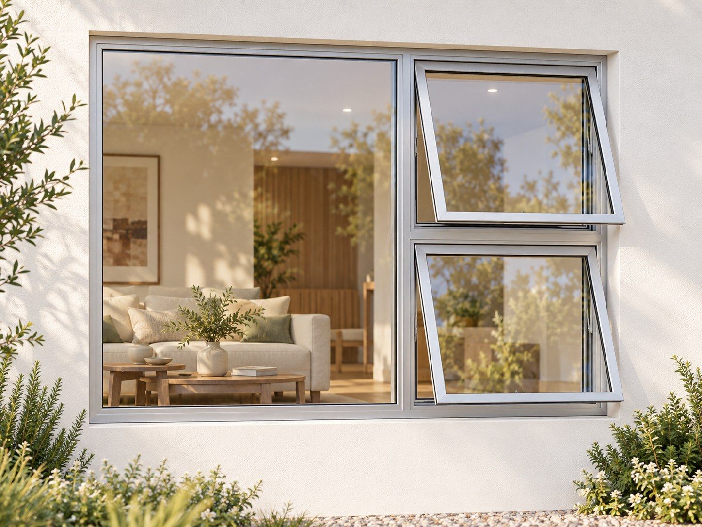 Kenzo Premium Top-Hung Aluminium Window - Silver, 1800 1200 mm, Right Two Openers with Fixed Side Pane, Clear Glass