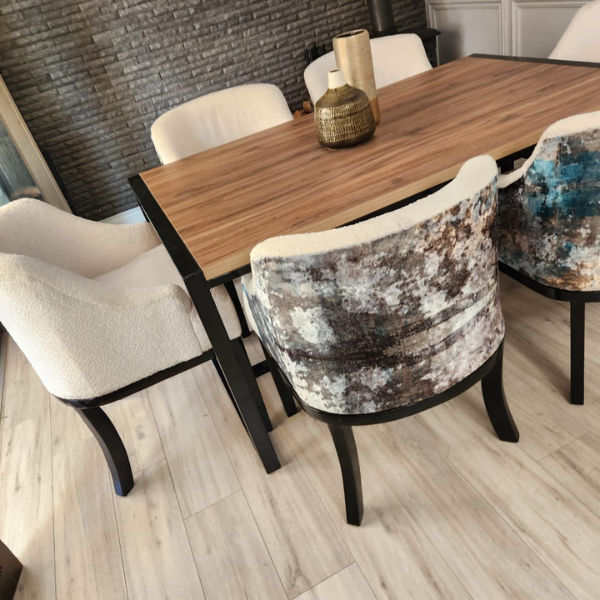 Lucky Furn 6-Seater Dining Set - Wood-Look Table with Patterned & Solid Chairs