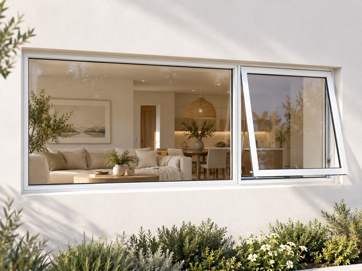 Kenzo Premium Top-Hung Aluminium Window - White, 1800 600 mm, Right Upper Opener with Fixed Side Pane, Clear Glass