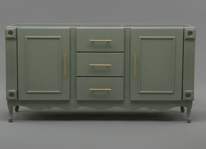 Double vanity , sage green w/ white quartz top.
