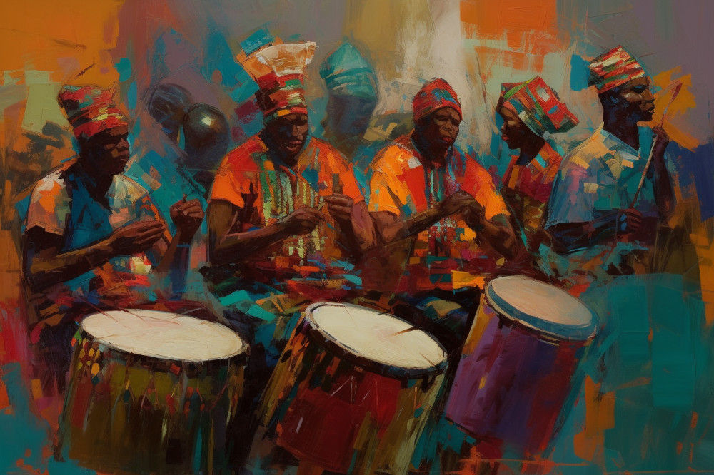 Canvas Wall Art - Traditional African Men Playing Drums - A1483 - [120 x 80 cm]