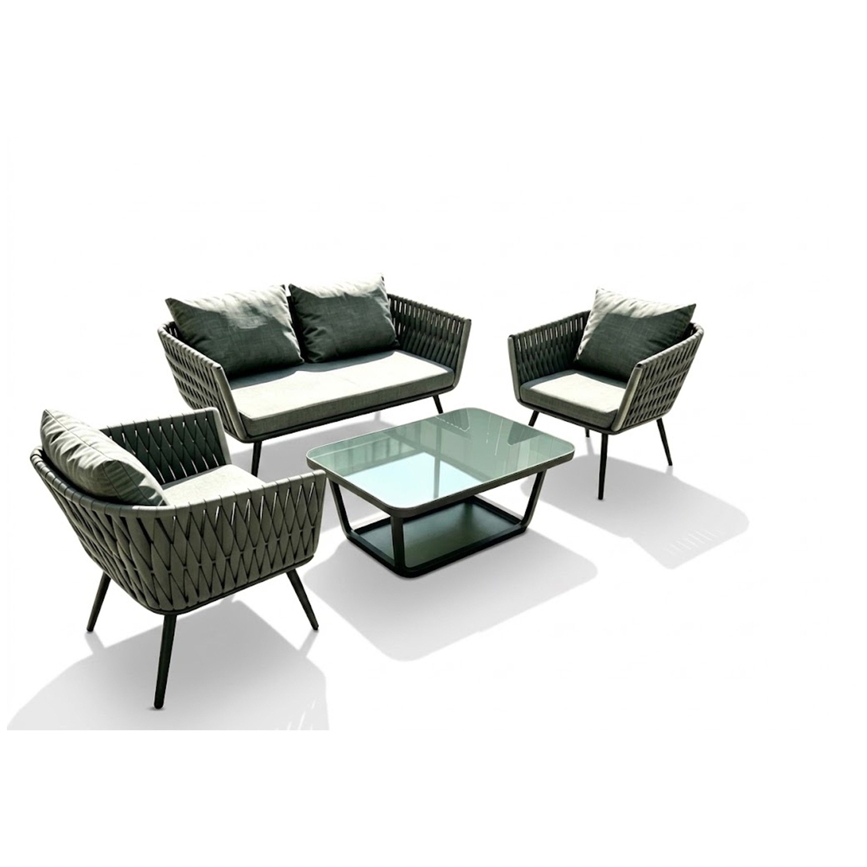 Madiega Furniture - Modern 4-Piece Outdoor Rope Woven Patio Conversation Set with Glass Top Coffee Table