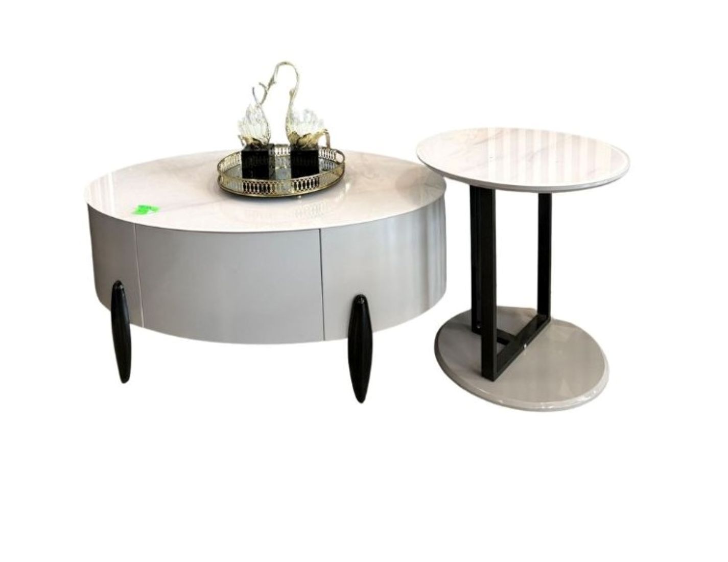Modern Round Coffee Table Set with Side Table, White Marble Top, White Base, Black Legs