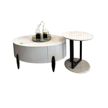 Modern Round Coffee Table Set with Side Table, White Marble Top, White Base, Black Legs