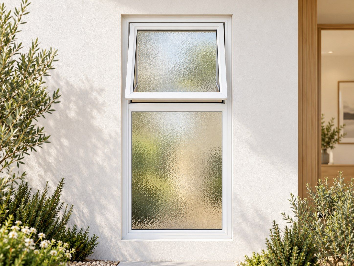 Kenzo Premium Top-Hung Aluminium Window - White, 600 1200 mm, Upper Opener with Fixed Lower Pane, Obscure Safety Glass