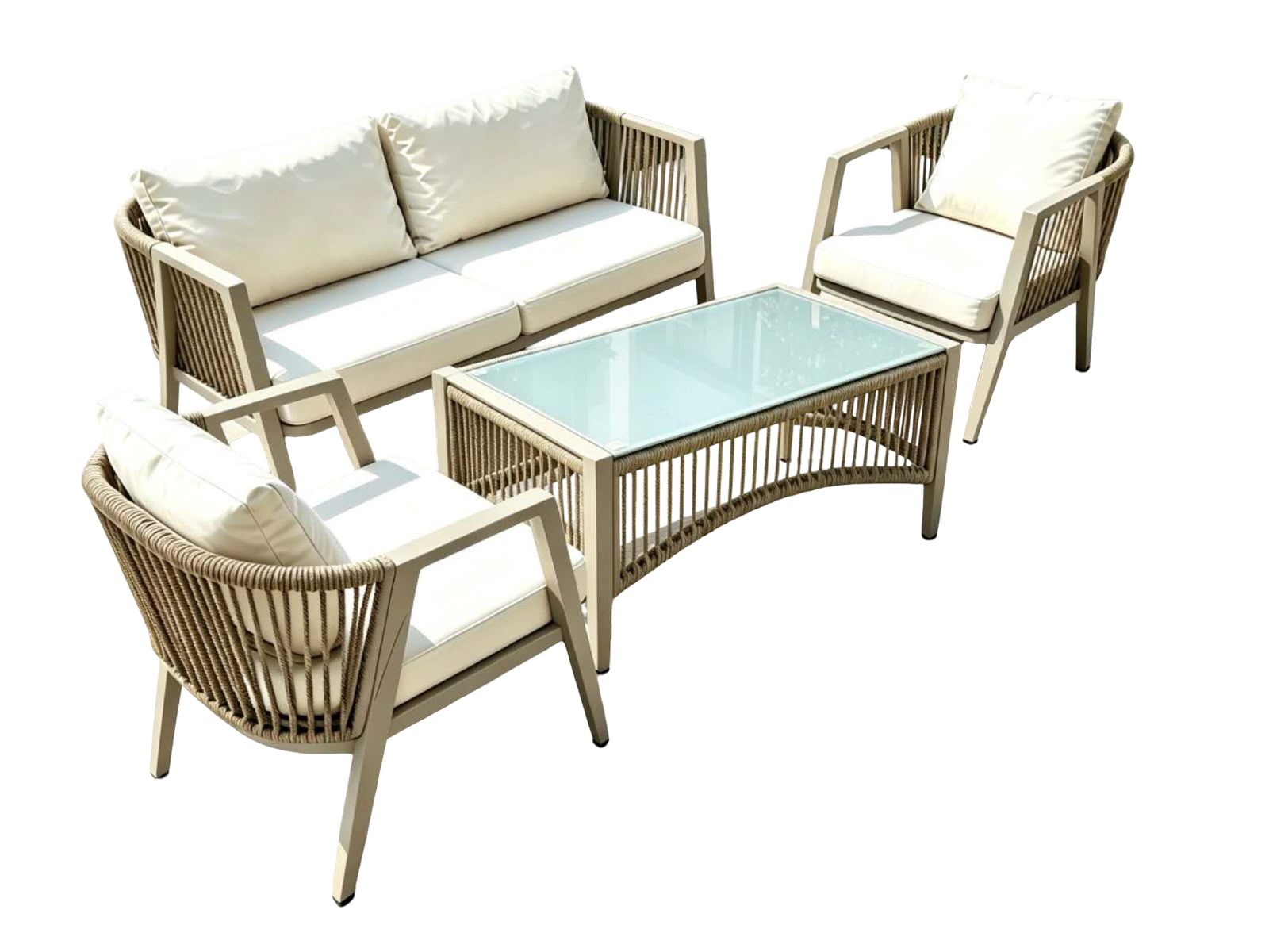 Modern 4-Piece Charcoal Grey Rope Outdoor Lounge Set with Glass Coffee Table