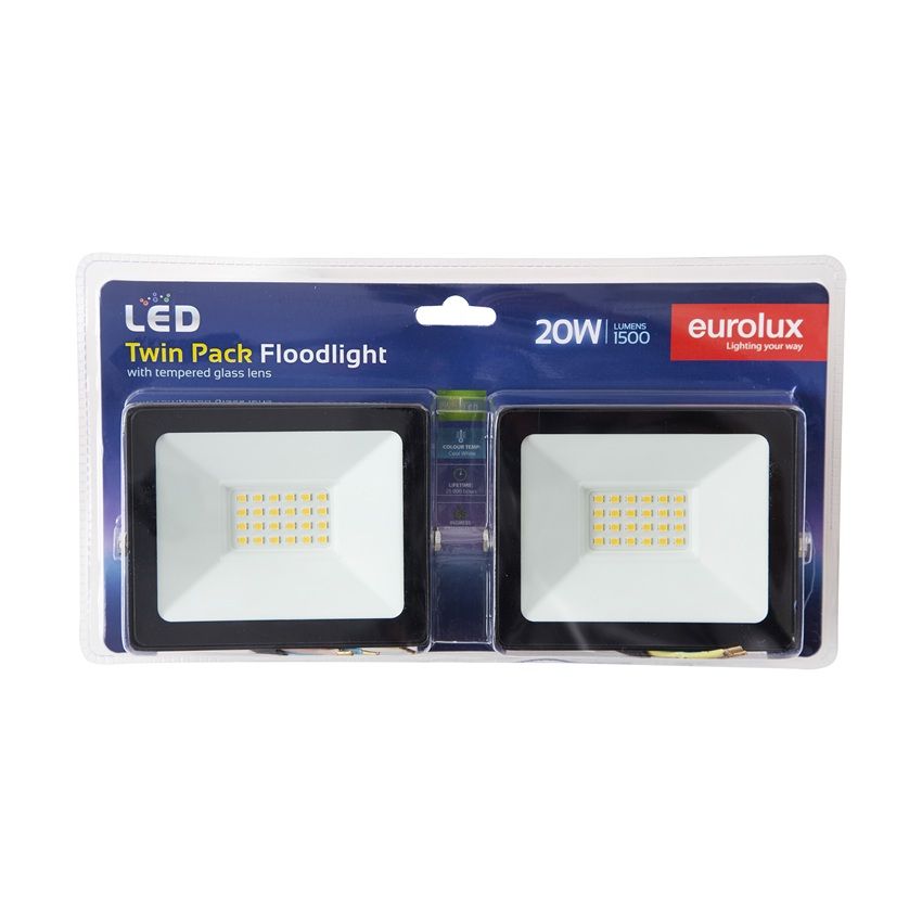 Led 20W Floodlight 4000K Black Twin Blister - 5 Pack