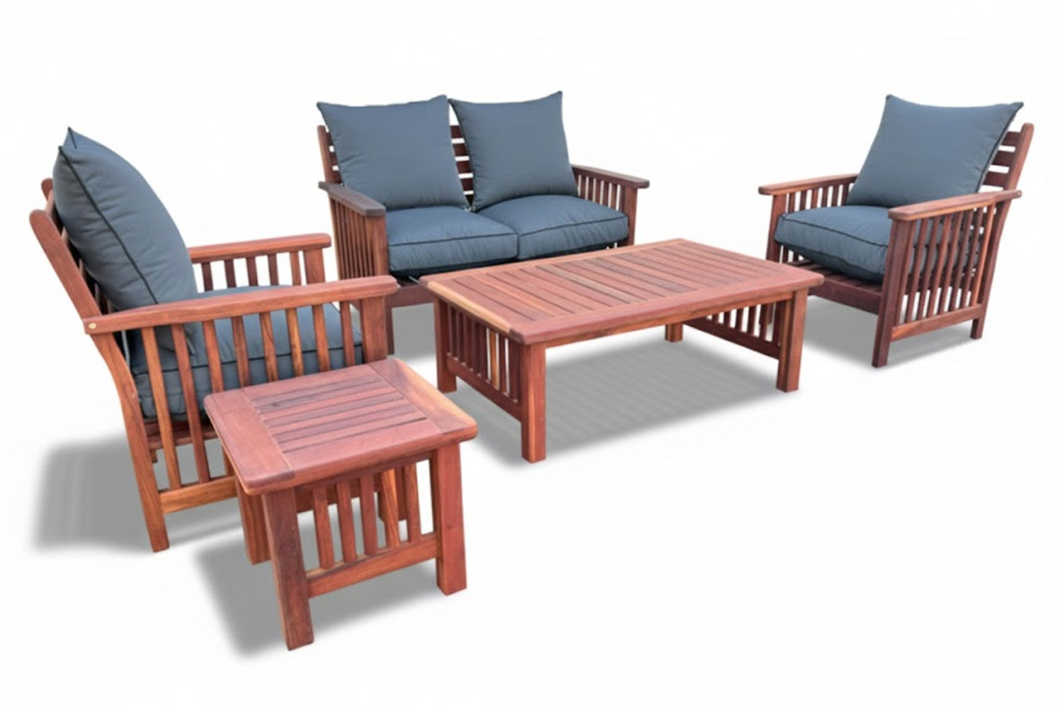 Zambezi Teak Lounge Set 5-Piece 4-Seater x2 1-Seater Chairs 1 Two-Seater Sofa Coffee Table Side Table (Charcoal Cushions)