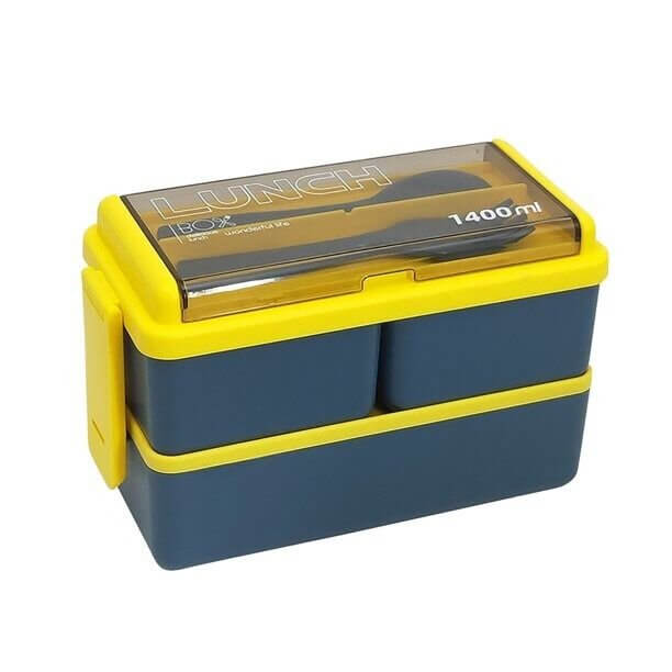 4 In 1 Double Layer Plastic Lunch Box With Cutlery Set - Blue