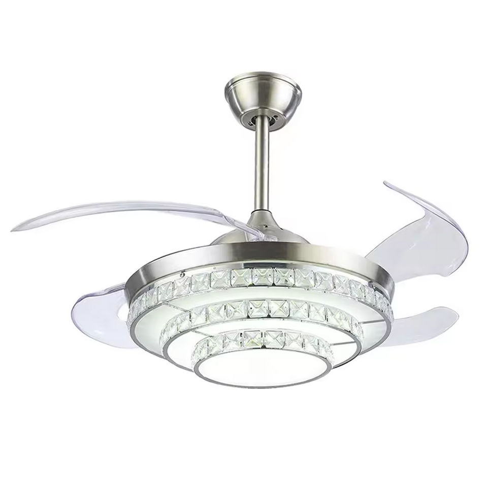 Silver Retractable Ceiling Fan With Bluetooth Speaker and Led Light
