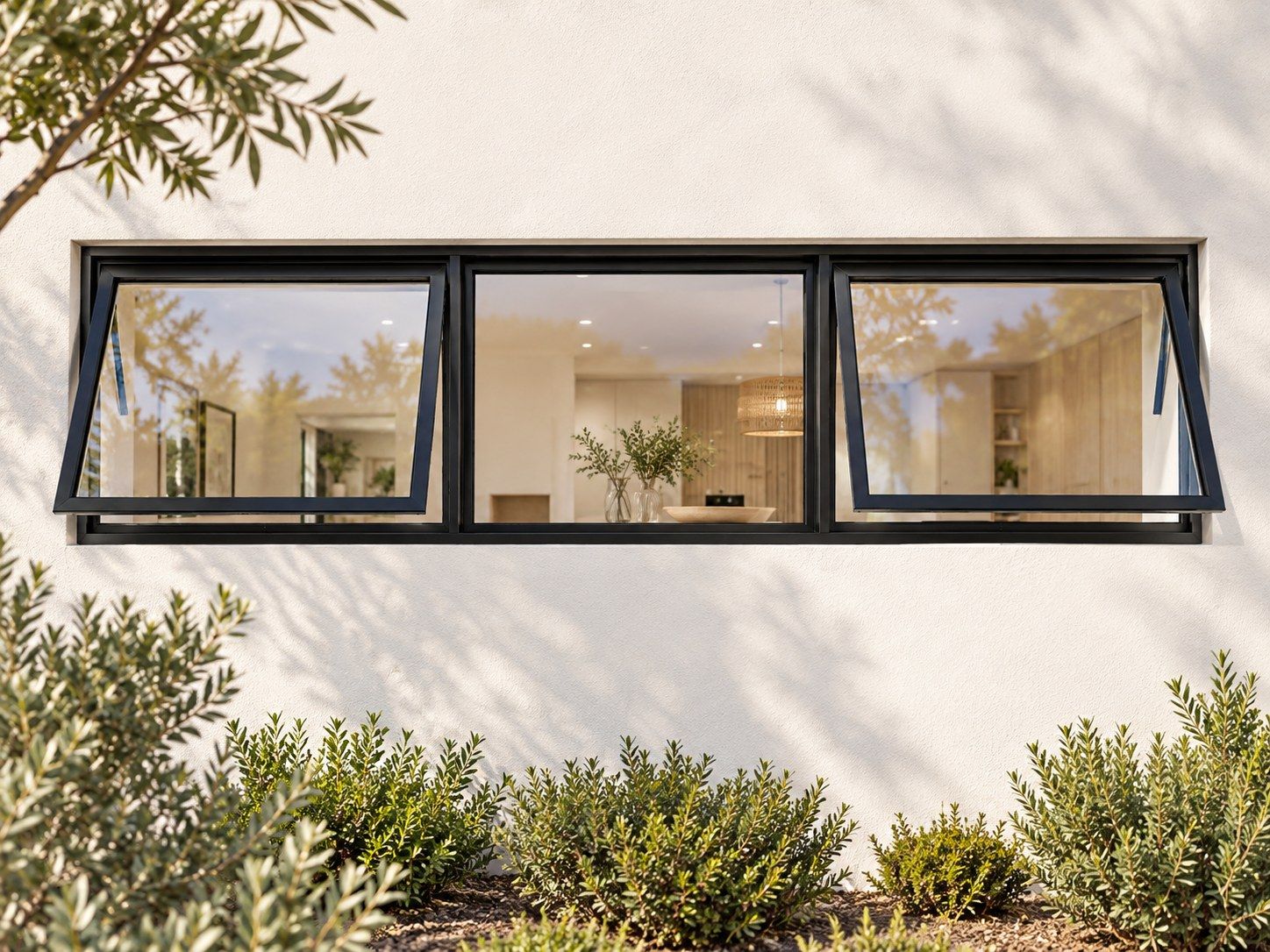 Kenzo Premium Top-Hung Aluminium Window - Black, 1800 400 mm, Two Outer Openers with Fixed Centre, Clear Glass
