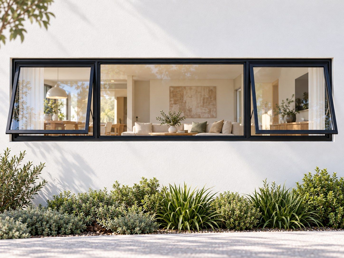 Kenzo Premium Top-Hung Aluminium Window - Black, 2400 600 mm, Two Outer Openers with Fixed Centre, Clear Glass