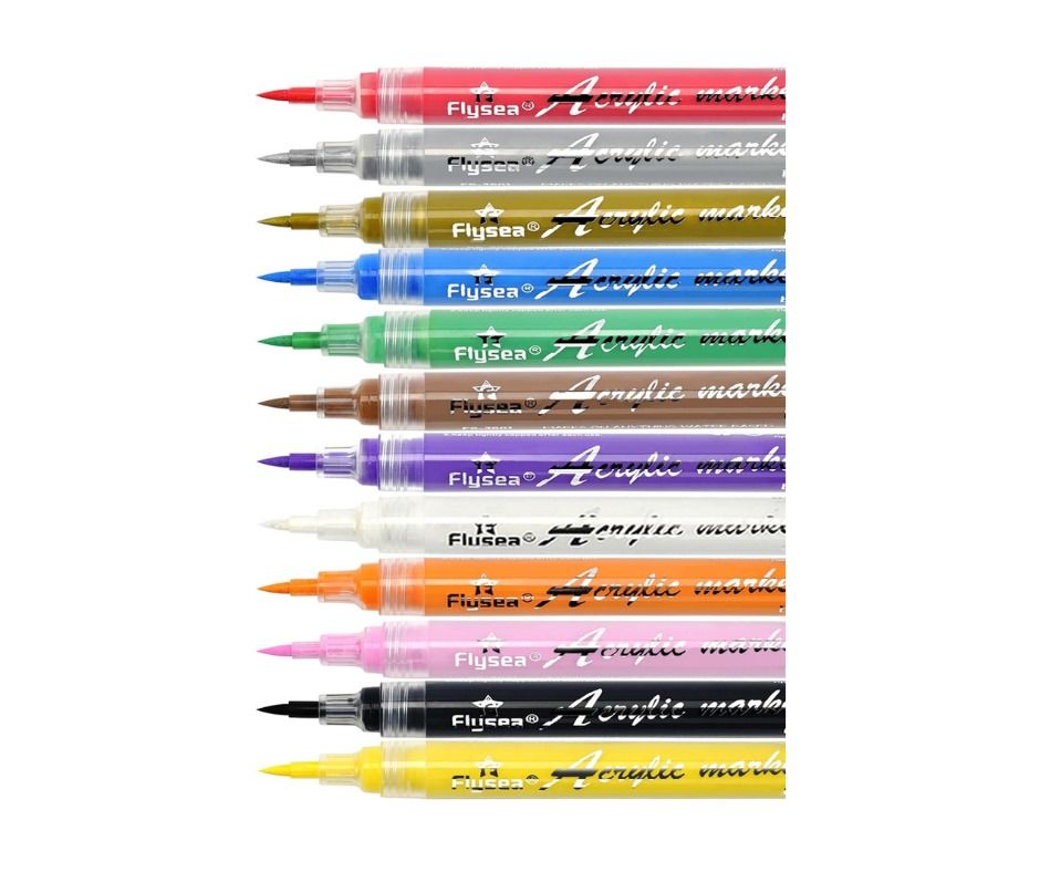 12 Acrylic Paint Markers Brush Tip 1-5mm Multisurface Arts Craft Scrapbook