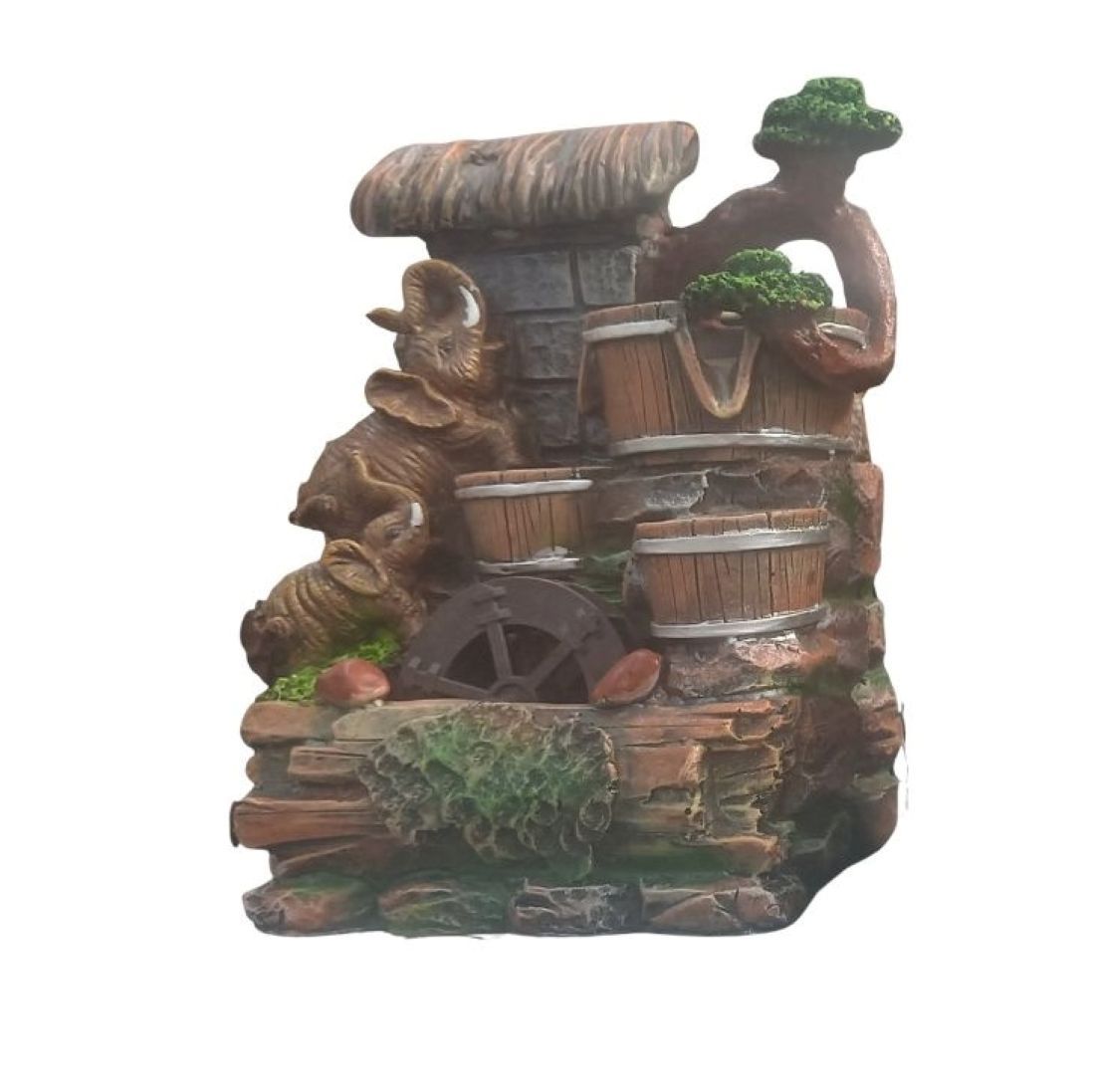Decorative Tabletop Water Fountain with 4-Tier Design, Artificial Plants, Brown Stone Effect