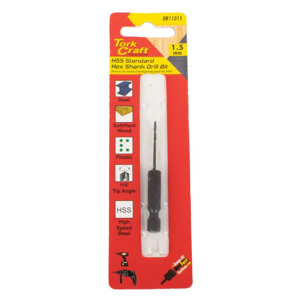 Tork Craft - Drill Bit Hss Standard 1.5mm Hex Shank 1/Card - 8 Pack
