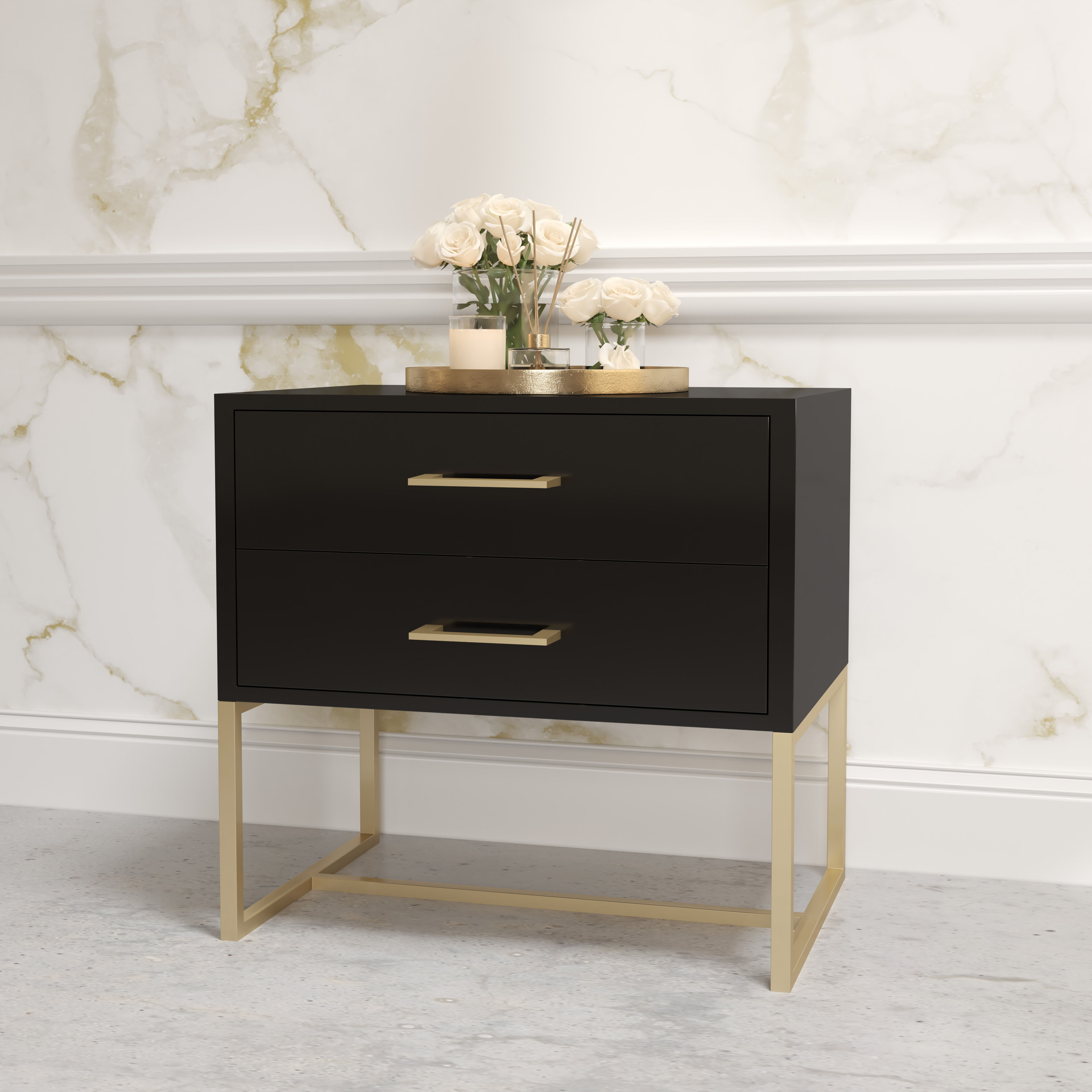 Bedside Pedestal Lilo Satin Black - Gold Frame