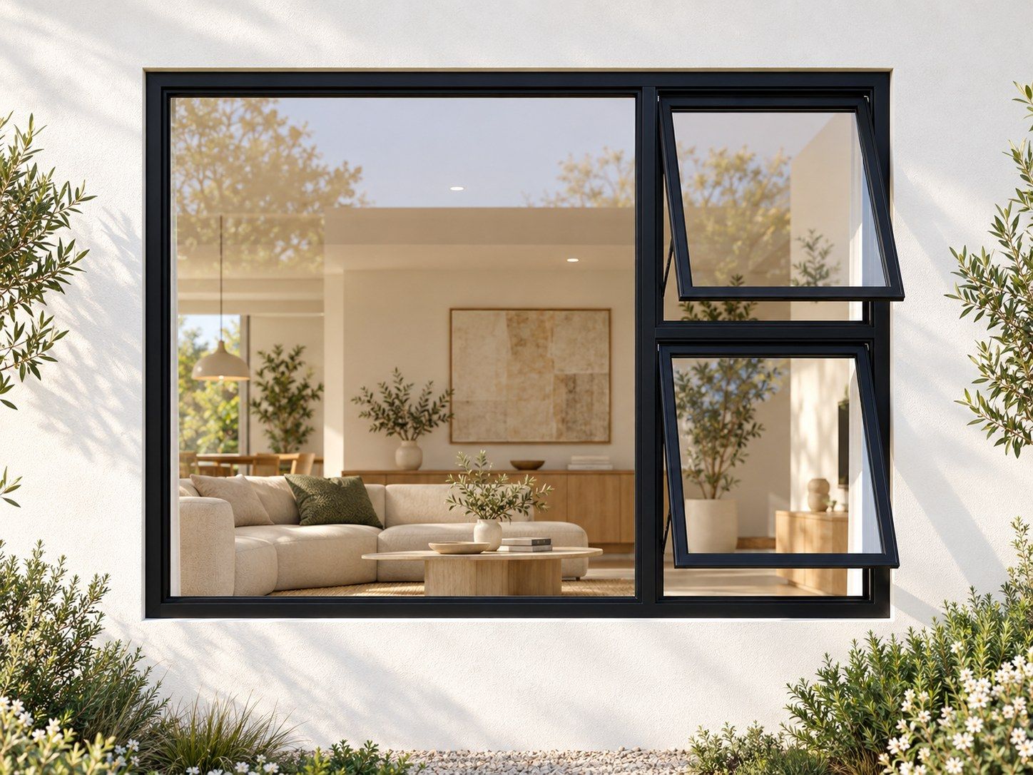 Kenzo Premium Top-Hung Aluminium Window - Black, 2100 1200 mm, Right Two Openers with Fixed Side Pane, Clear Glass