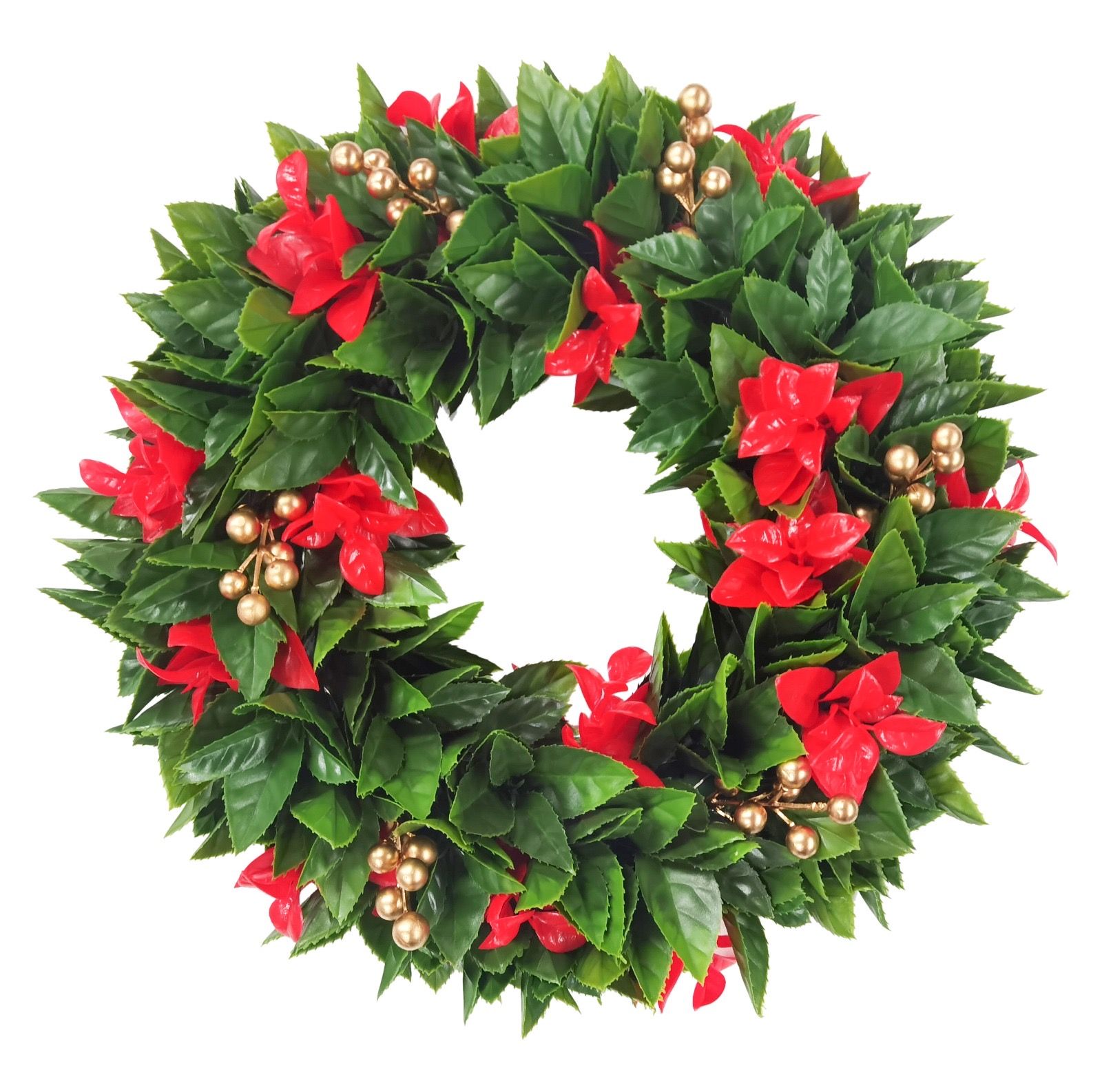 Christmas Wreath with Green & Red Leaf with Gold Berries - UV Protected -  30cm