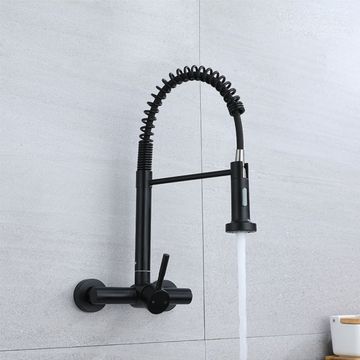Wall Mounted Pull Down Bridge Kitchen Faucet - Matte Black 1197B