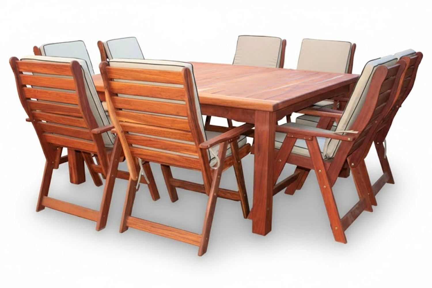 Zambezi Teak Patio Dining Set 8-Seater 1700mm Square x1 Table x8 Highback Chairs (Beige Cushions)