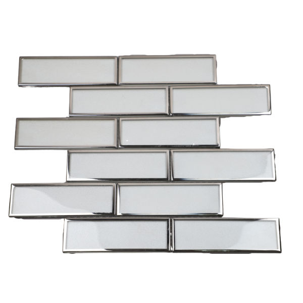 Mosaic Tile - Glass White Metro with Silver Border 300x300  (per sheet)