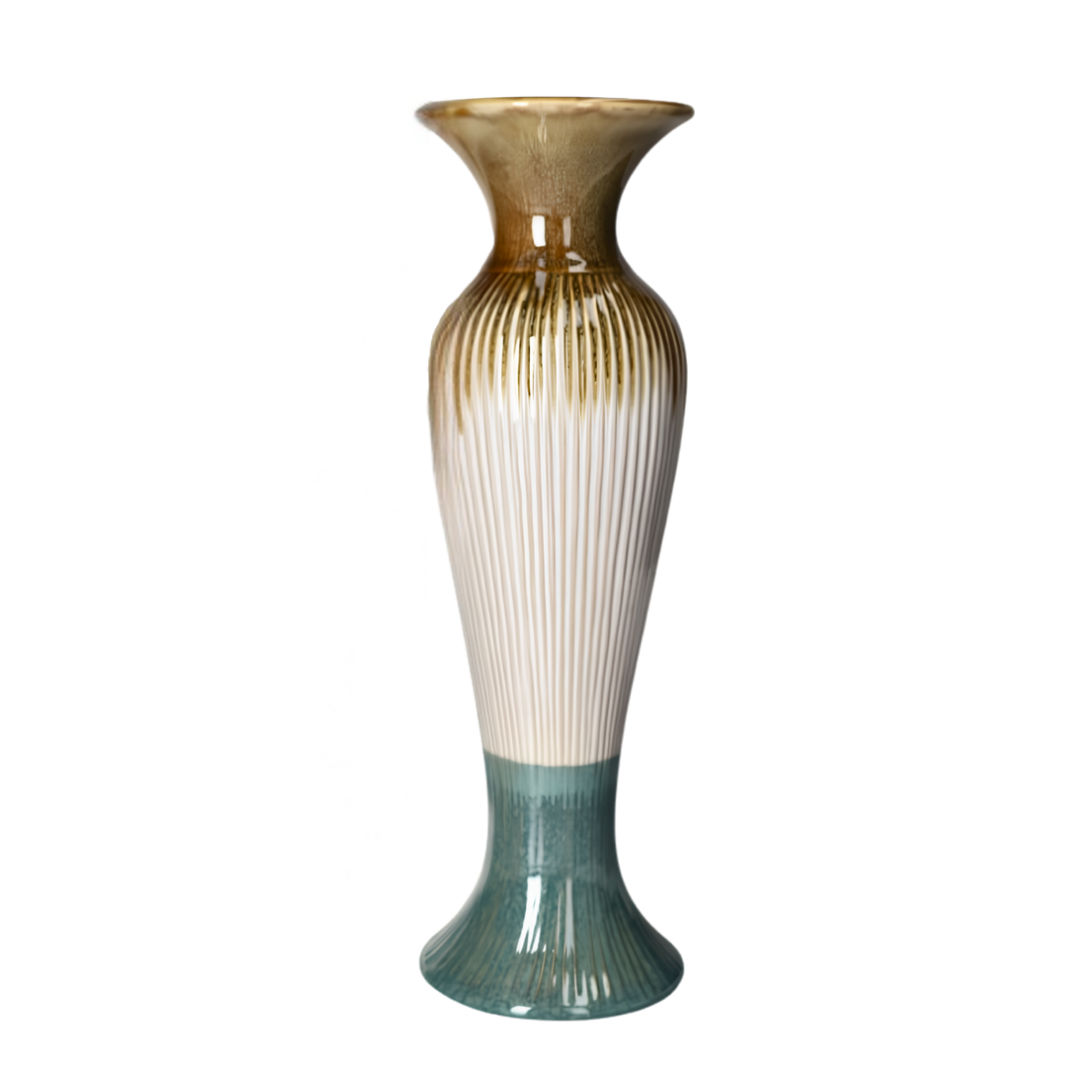 Danny Home Tall Fluted Ceramic Trumpet Flower Vase (11.2 x 11.2 x 36cm) – Olive Amber, Cream & Sage Teal