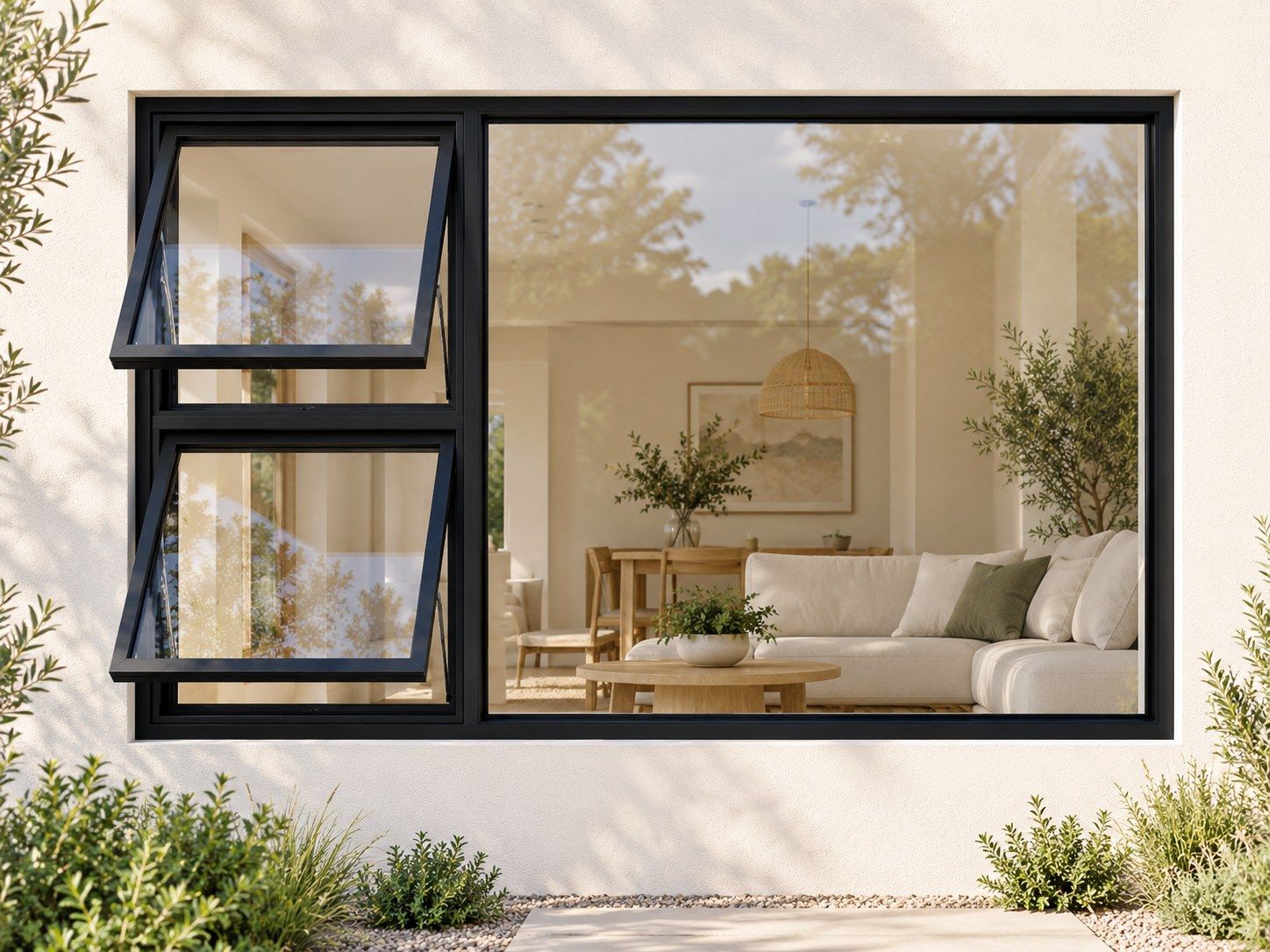 Kenzo Premium Top-Hung Aluminium Window - Black, 2100 1200 mm, Left Two Openers with Fixed Side Pane, Clear Glass