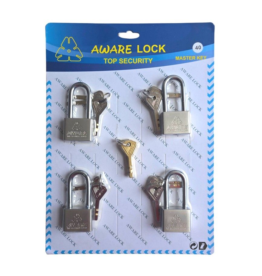 AWARE - Security Padlock Set - Individual Keys with Master Key 40mm x 4 Pcs - Long Shackle