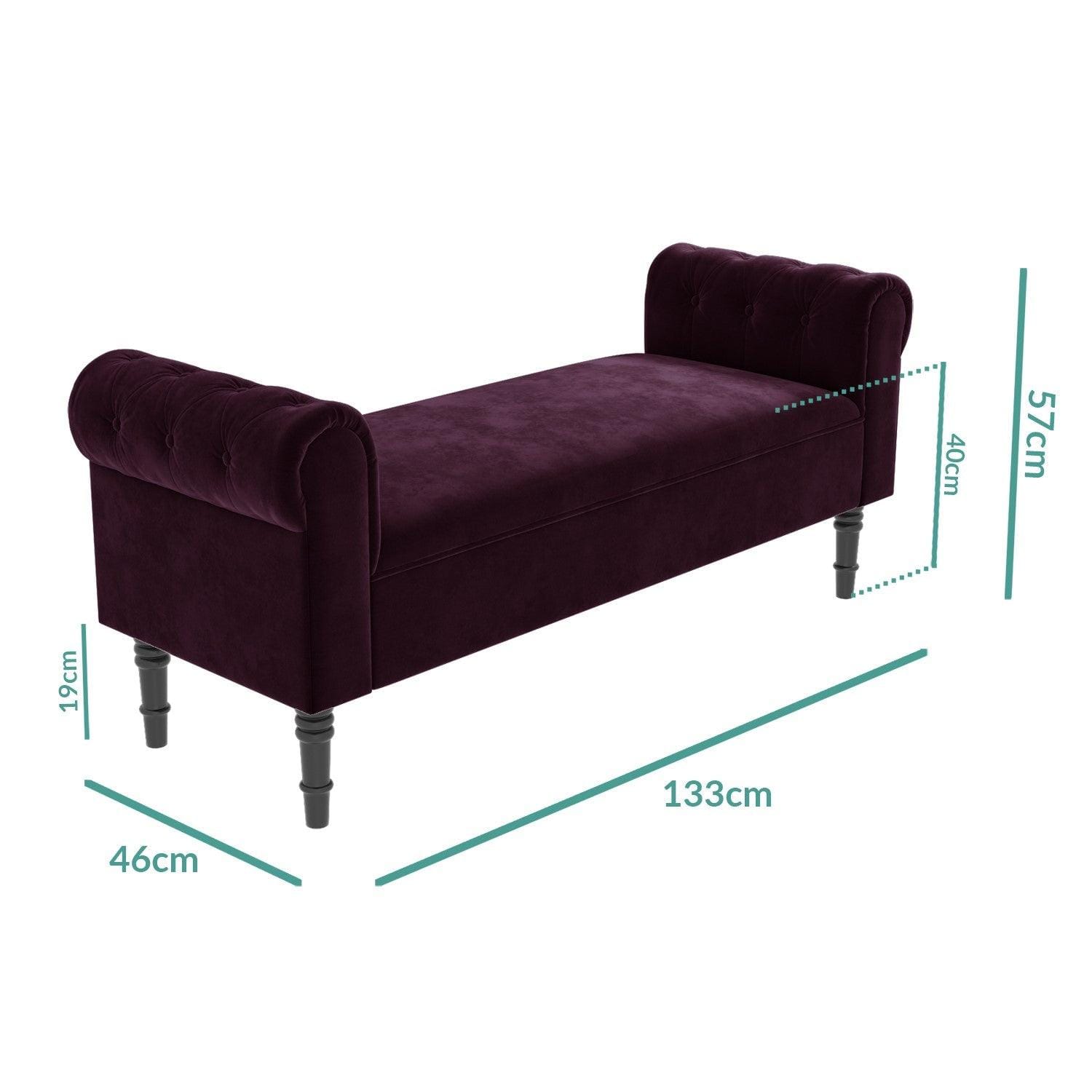 Velvet End of Bed Bench with Chesterfield Armrests - Grey