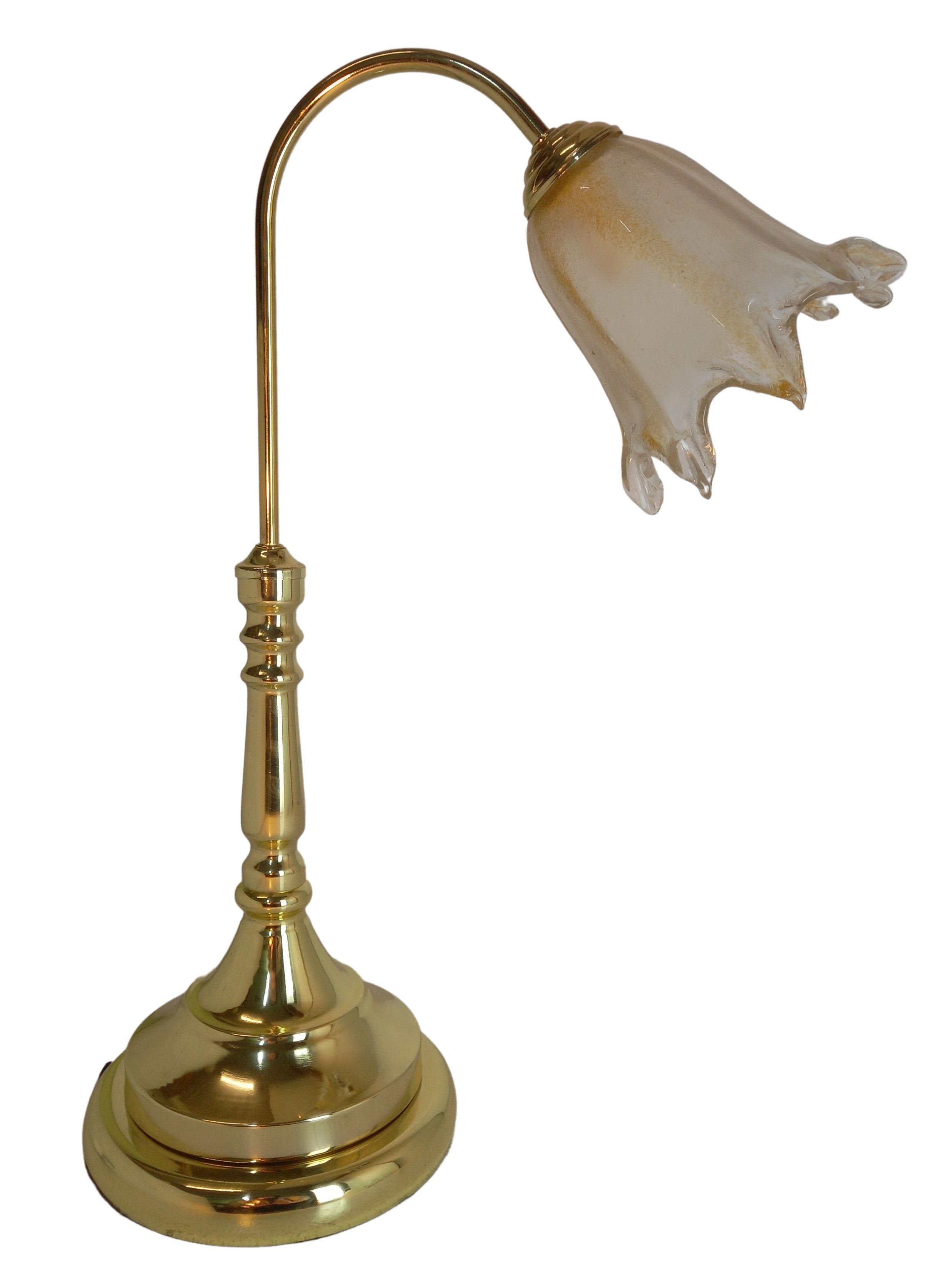Traditional Brass Table Lamp with Curved Arm and Frosted Shaped Glass Shade