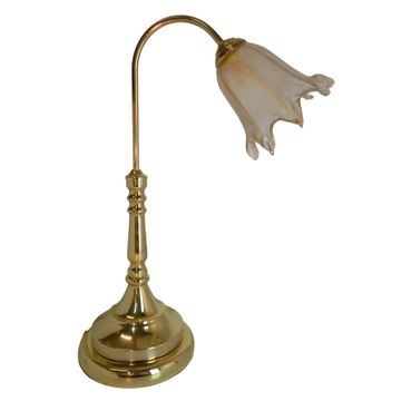 Traditional Brass Table Lamp with Curved Arm and Frosted Shaped Glass Shade