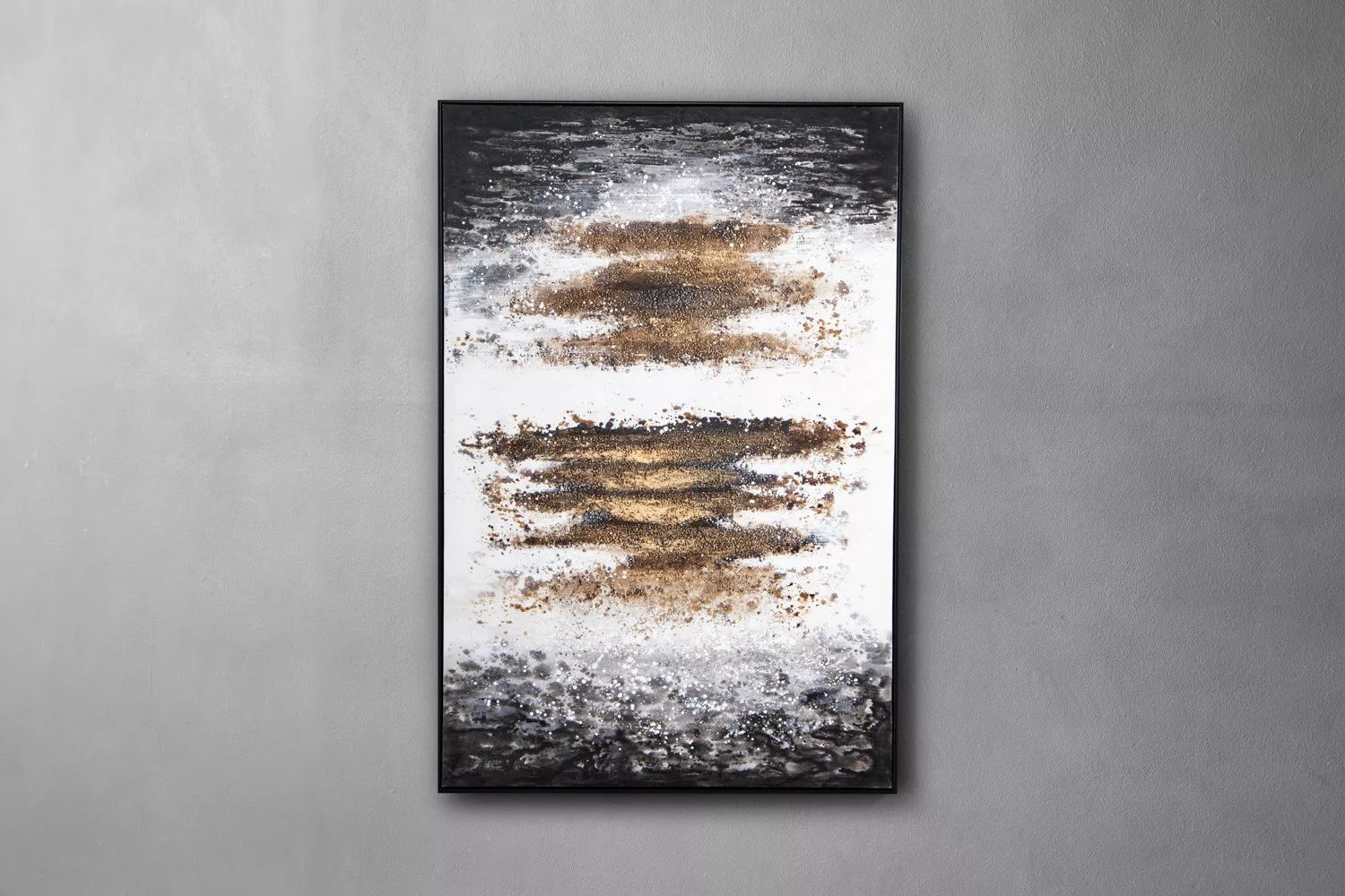 Everest Hand Painted Canvas Art – Luxury Abstract Wall Art in Gold & Grey with Floating Black Frame