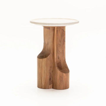 Ami Marble Top Solid Wood Side Table – Elegant Round Accent Table | Natural Wood Base with White Stone Top